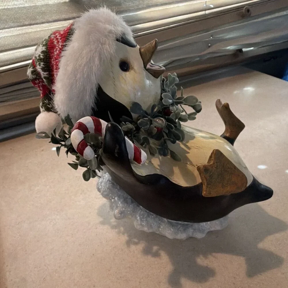Christmas Holiday Penguin Figurine w/ Hat, Wreath & Candy Cane Multicolor 8 in